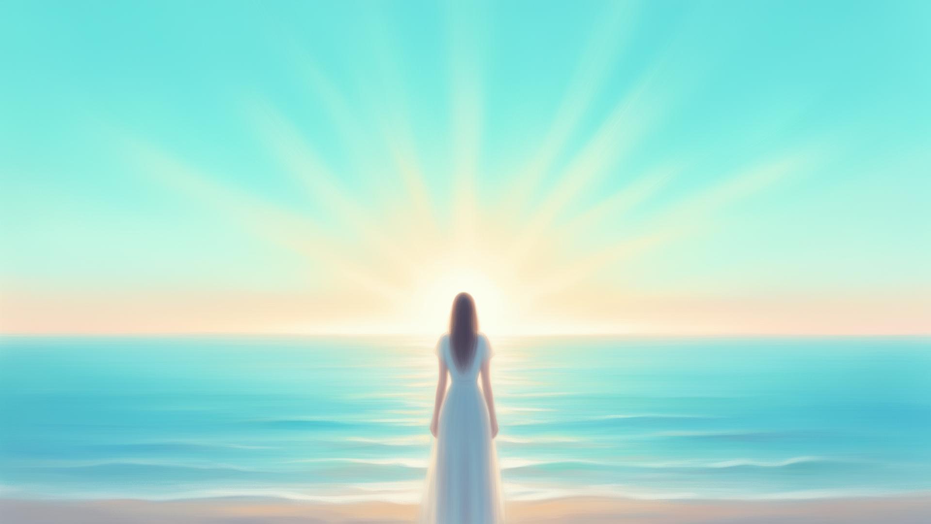 Woman facing sunrise by the ocean